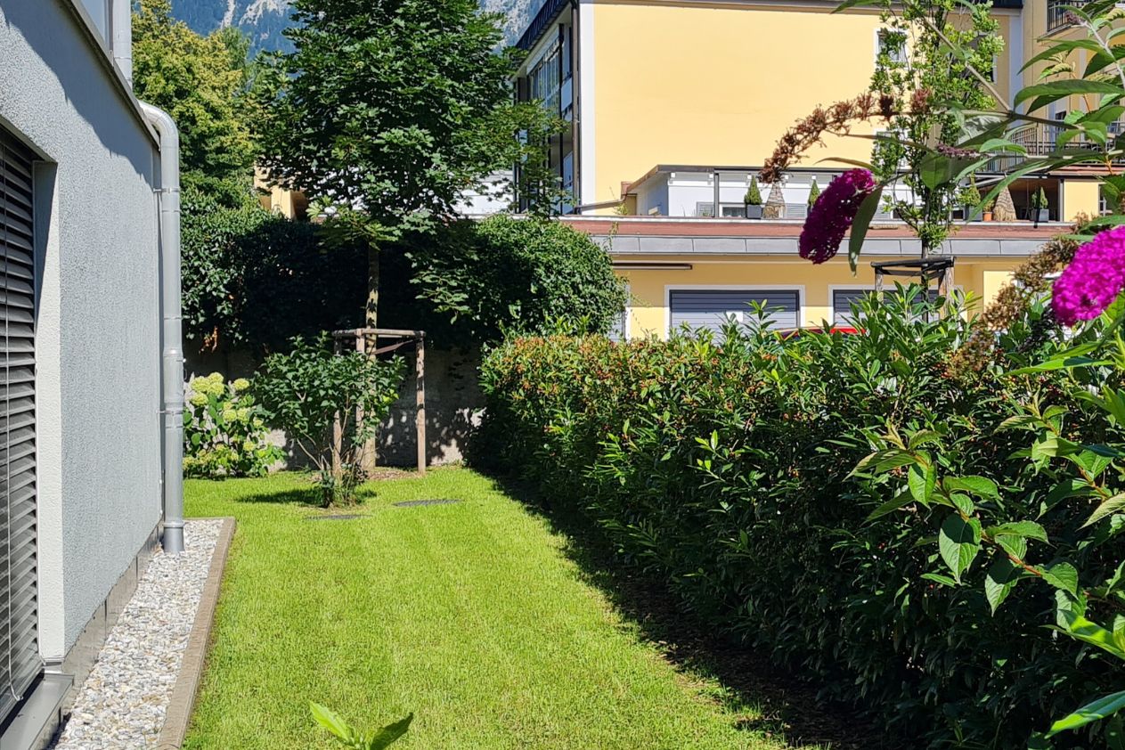 Gepflegte Außenanlage mit Gartenweg